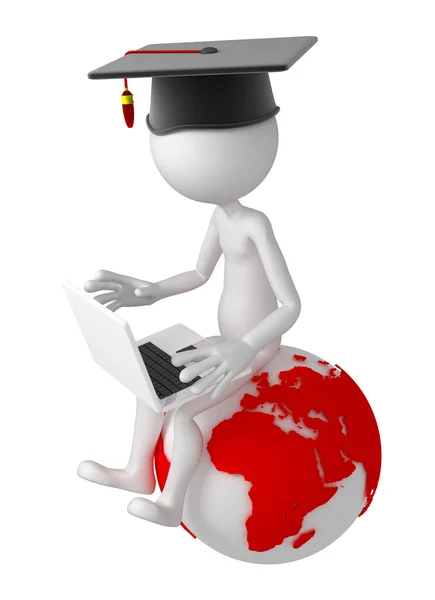 Student with laptop sitting on top of the earth globe — Stock Photo, Image