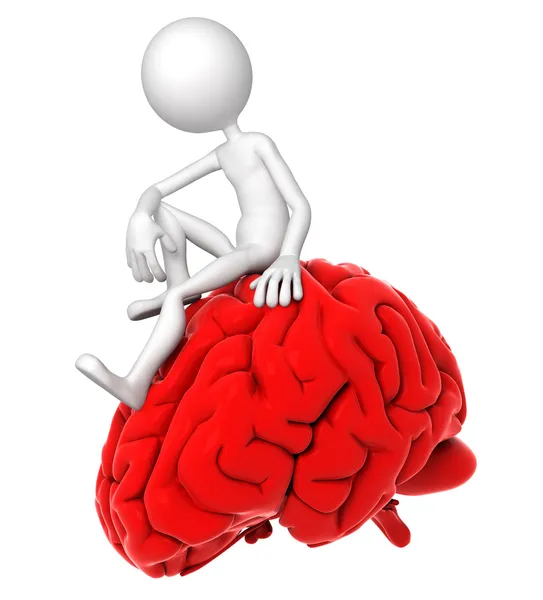 3d person sitting on red brain in a thoughtful pose — Stock Photo, Image