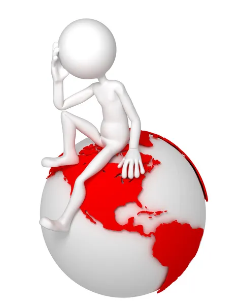 3d man sitting on Earth globe in a thoughtful pose. — Stock Photo, Image