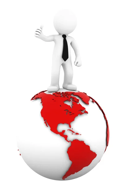 3d Businessman standing on earth globe: American side — Stock Photo, Image