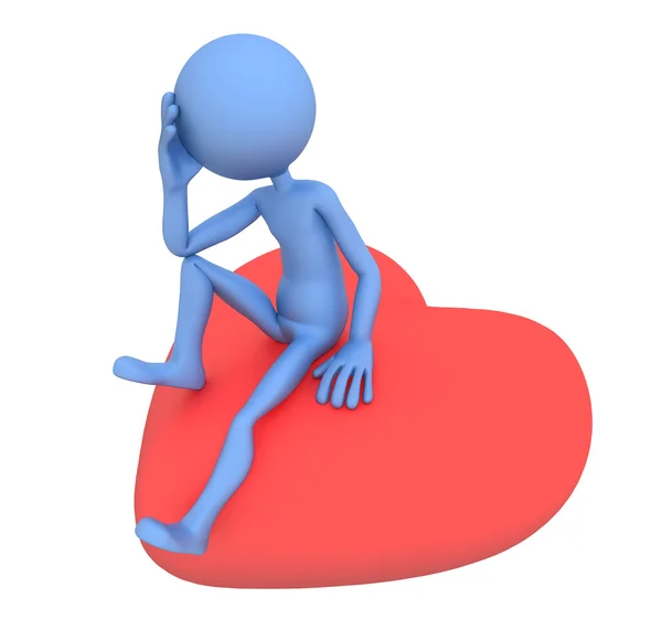 Sad lover sitting on red heart. 3d illustration — Stock Photo, Image