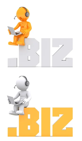 3d character sitting on .biz domain sign — Stock Photo, Image