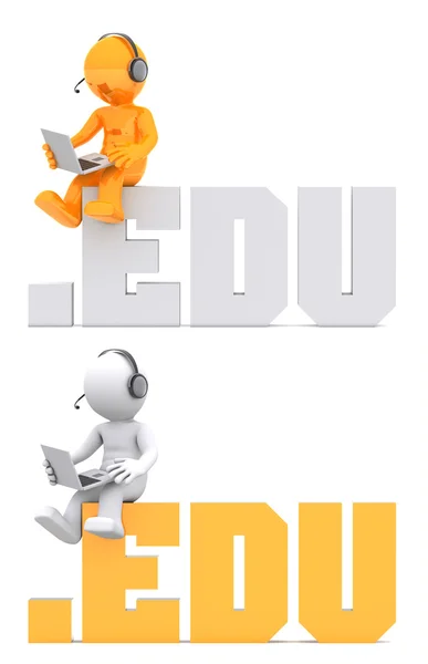 3d carácter sentado en el signo de dominio .EDU . — Foto de Stock