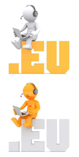 3d karakter .eu domain işaret üstünde oturuyor. — Stok fotoğraf