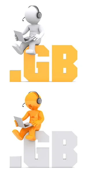 3d character sitting on .GB domain sign. — Stock Photo, Image