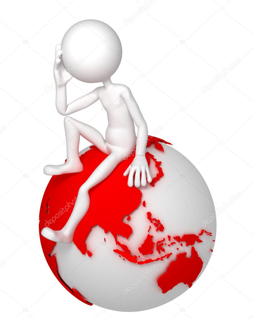 3d man sitting on Earth globe in a thoughtful pose. Asian and Australian si