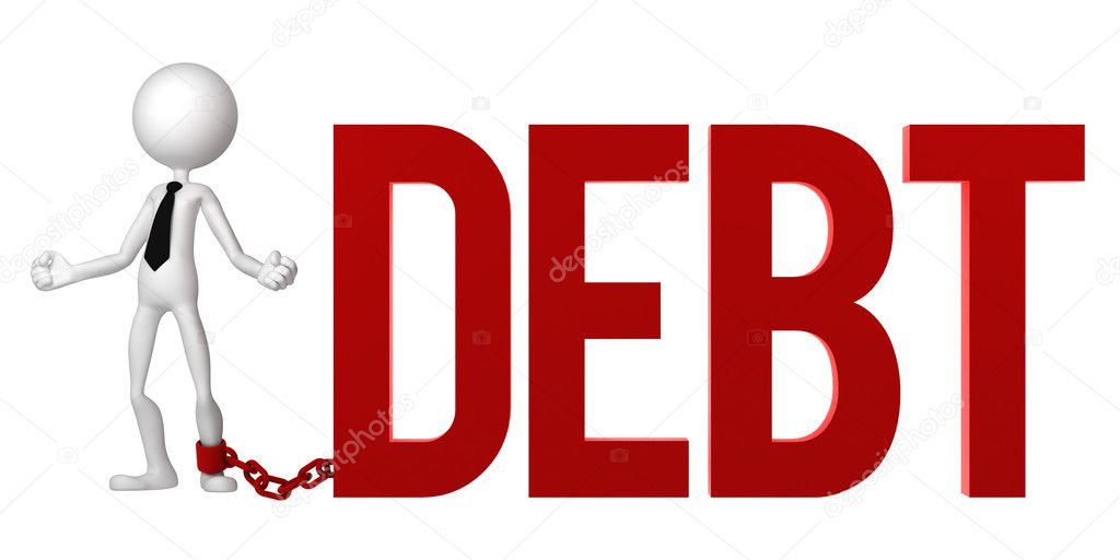 Businessman with a foot chained to a DEBT sign.