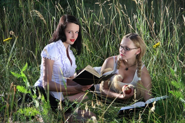 Twee meisjes op gras, met boeken. — Stockfoto