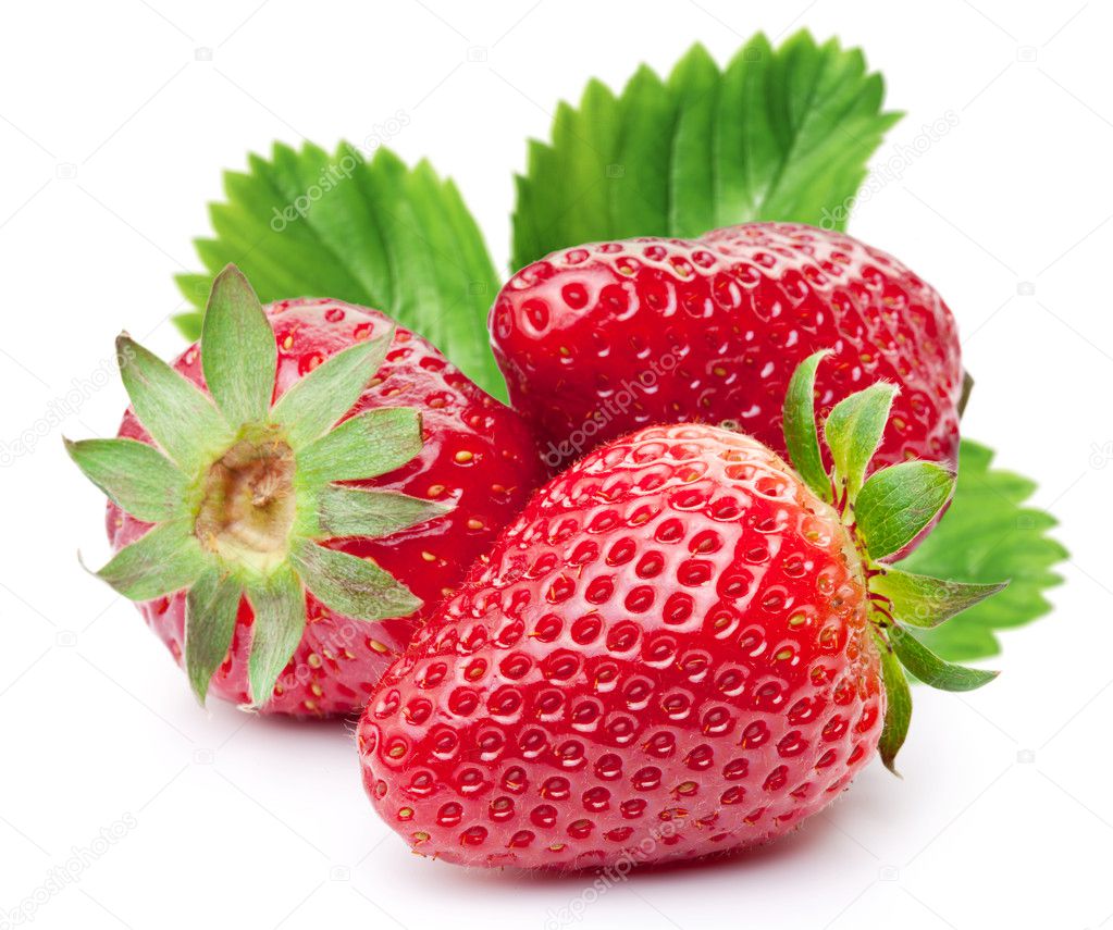 Appetizing strawberries with leaves.