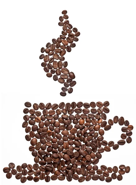 Grãos de café na forma de xícara de café e vapor . — Fotografia de Stock