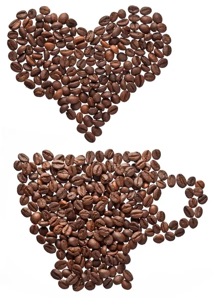 Kahve çekirdekleri kalp ve fincan şeklinde — Stok fotoğraf