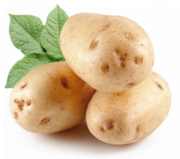 Três batatas com folhas . — Fotografia de Stock