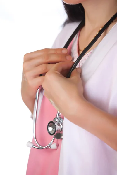 Kadın sağlık işçisi holding stetoskop — Stok fotoğraf