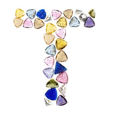 değerli taşlar alfabesi, beyaz zemin üzerine izole harf t..