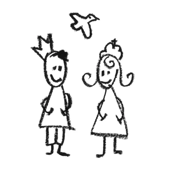 Koning en de koningin met vliegende duif doodles tekening. — Stockfoto