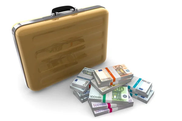 Euro nakit paketleri ve altın evrak çantası — Stok fotoğraf