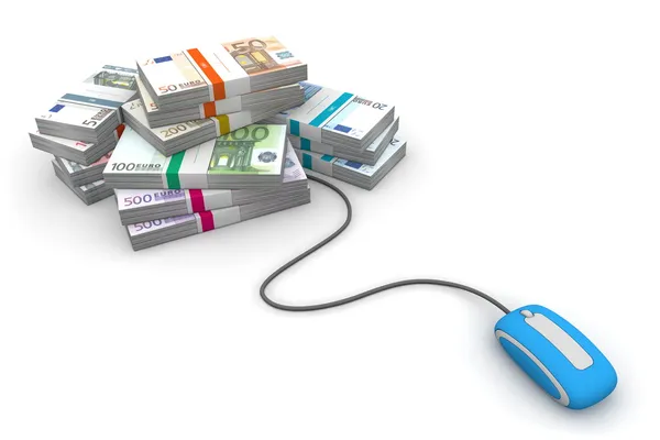 Online cash - blauwe muis en euro cash pakketten — Stockfoto