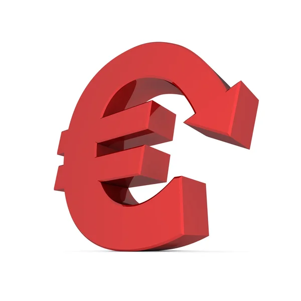 Λαμπρό σύμβολο του ευρώ με το βέλος κάτω - γυαλιστερό κόκκινο — Φωτογραφία Αρχείου