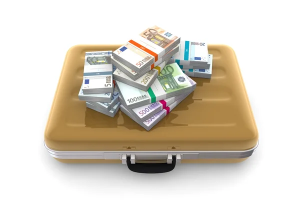 Paquetes en efectivo en euros en un maletín de oro — Foto de Stock