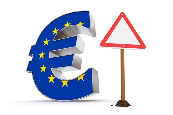 Ευρώ με τριγωνικό σημάδι προειδοποίησης - υφή σημαία της Ευρωπαϊκής Ένωσης — Φωτογραφία Αρχείου