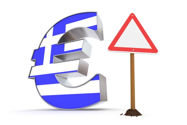 Euro met driehoekige waarschuwingsbord - Griekse vlag textuur — Stockfoto
