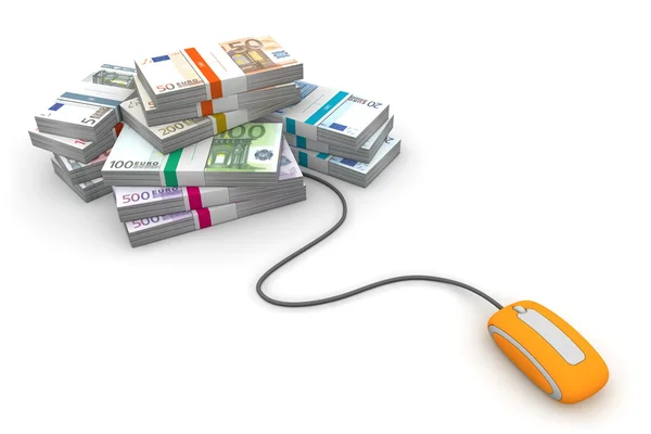 Online μετρητά - πορτοκαλί ποντίκι και ευρώ μετρητά πακέτα — Φωτογραφία Αρχείου