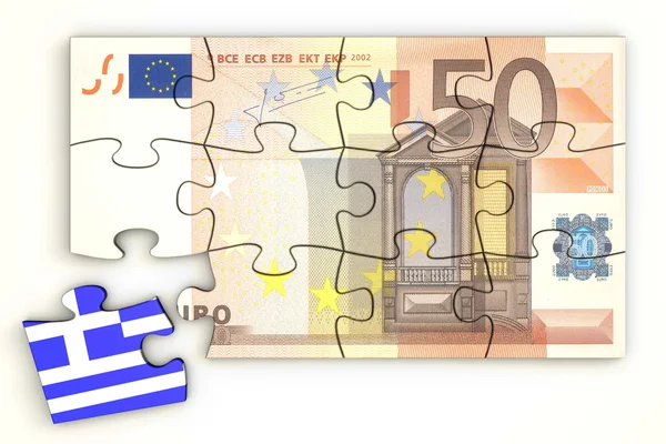 50 Euro Note Puzzle And a Greek Piece — Stock Photo, Image