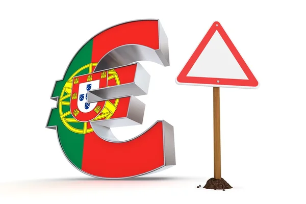 Euro con señal de advertencia triangular - Textura de la bandera portuguesa — Foto de Stock