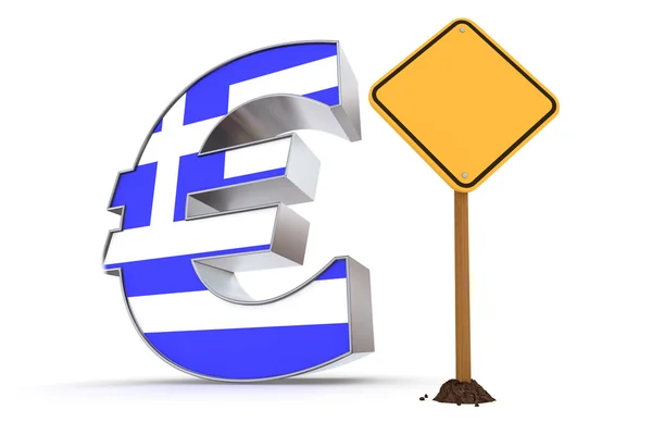 Euro con señal de advertencia amarilla - Textura de la bandera griega —  Fotos de Stock