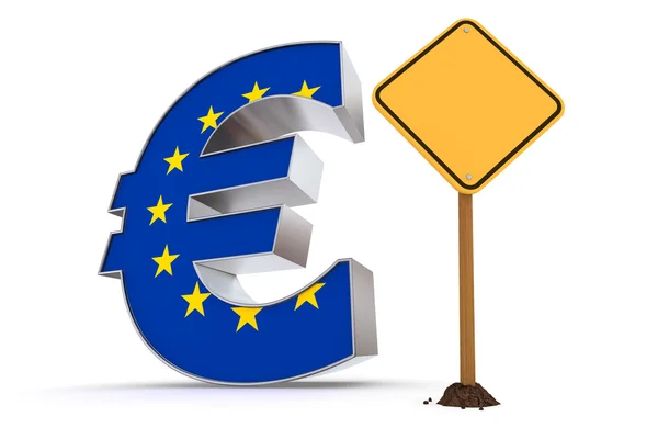 Euro with Triangular Warning Sign - European Union Flag Texture — Stock Photo, Image