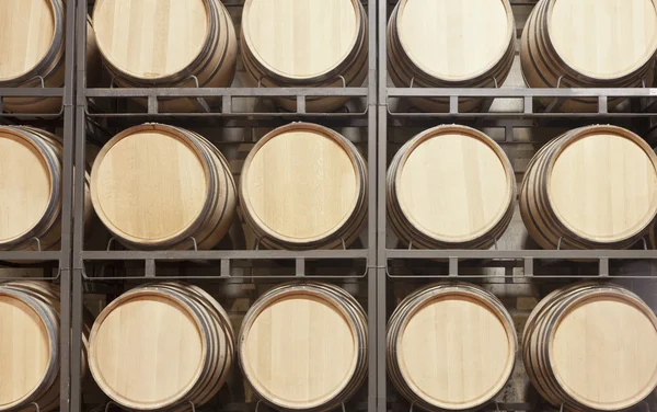 stock image Barrels of wine on shelves