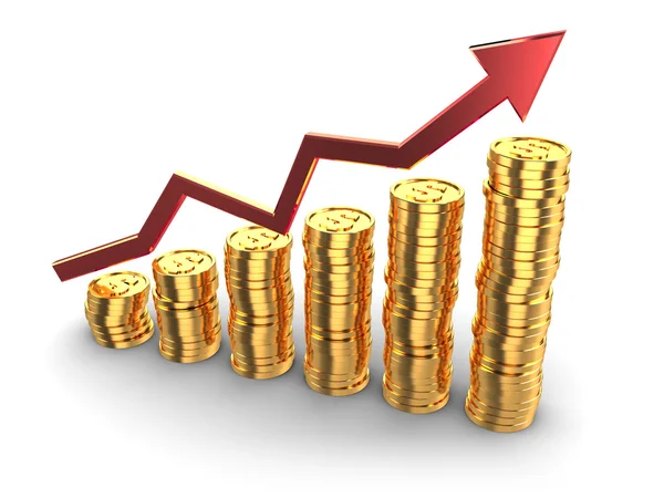 Golden coins rising charts — Stock Photo, Image