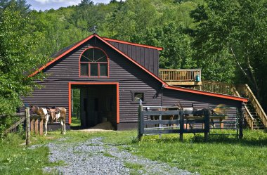 Pretty Log Barn and Horses clipart