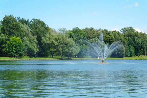 The fountain in the lake during the summer in the park Kuzminki — Stock Photo, Image