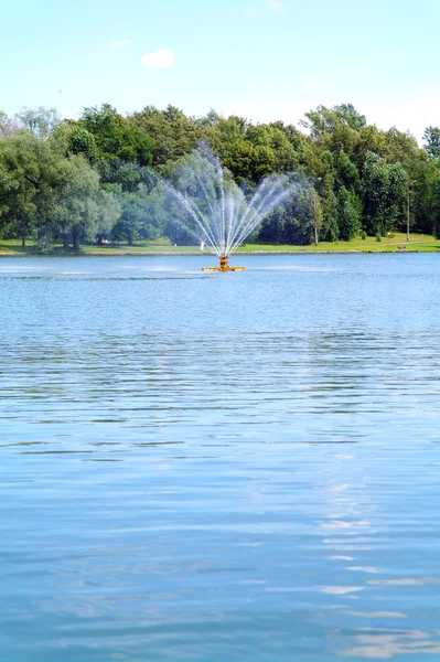 The fountain in the lake during the summer in the park Kuzminki — Stock Photo, Image