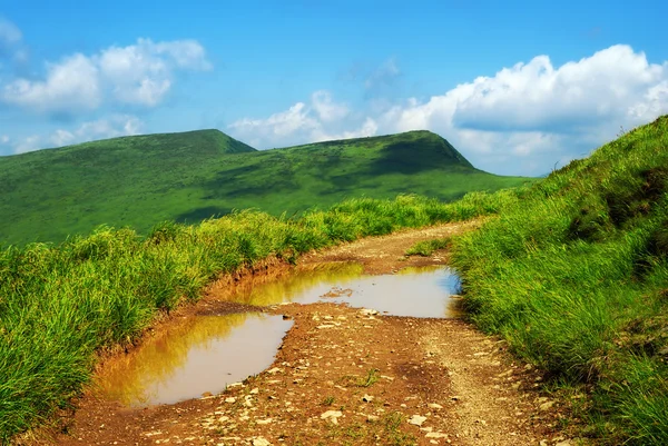 Dağ manzarası ve toprak yol üzerinde su birikintisi — Stok fotoğraf