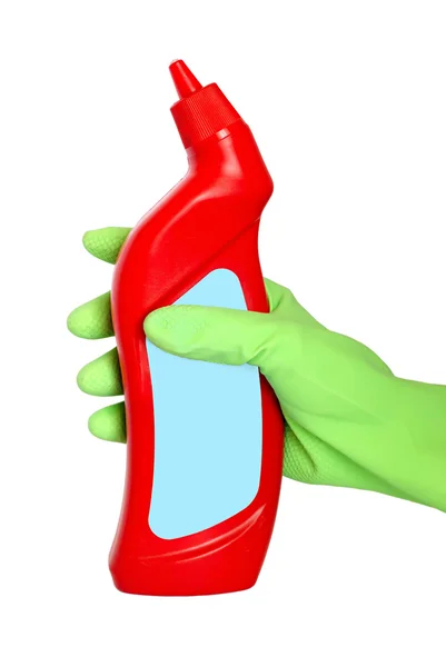 Ruce drží láhev. zařízení pro čištění — Stock fotografie