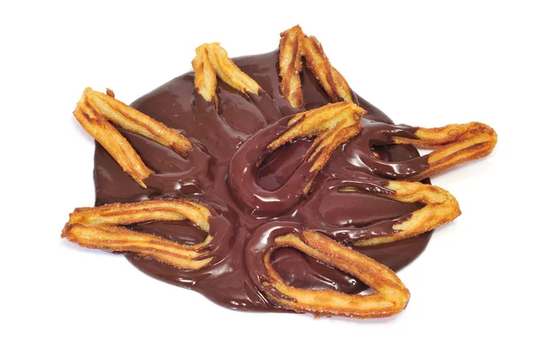 Churros con chocolate, um típico lanche doce espanhol — Fotografia de Stock