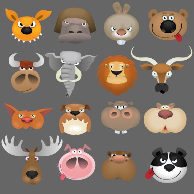 Cartoon animal heads icon set clipart