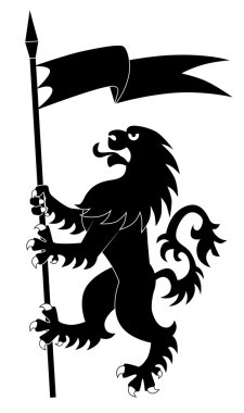 Silhouette of standing heraldic lion with flag clipart