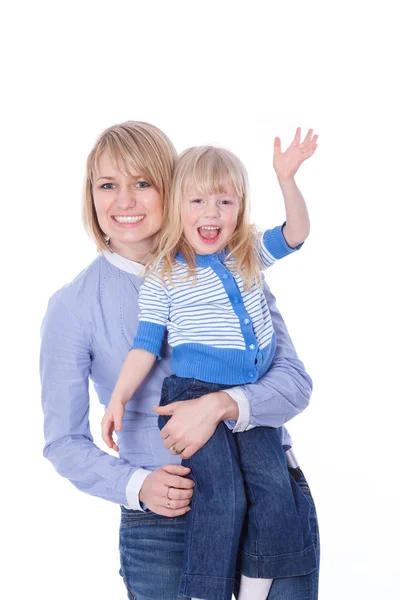 Happy smiling mom and child waving hello — Stock Photo, Image