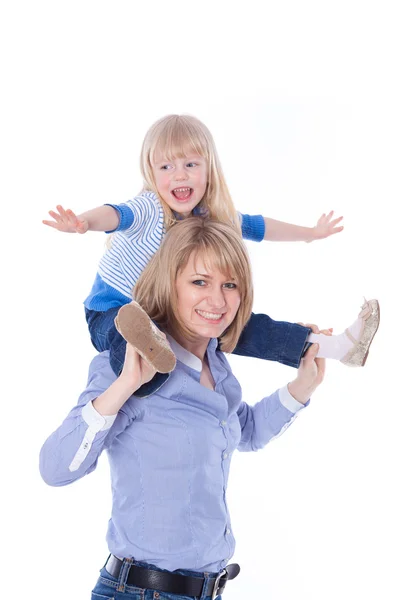 Happy smiling mom with child on shoulders — Stock Photo, Image