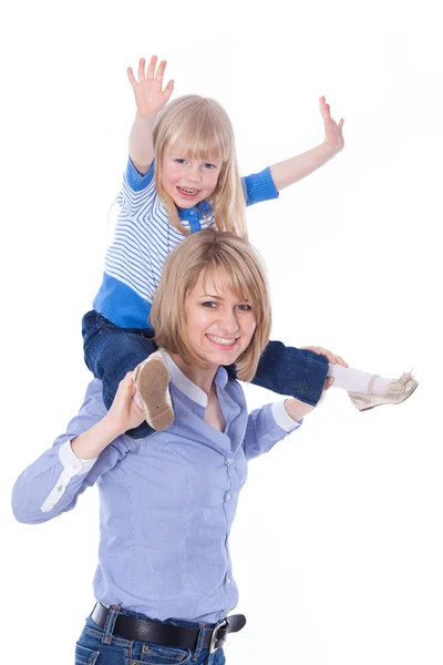 Happy smiling mom with child on shoulders — Stock Photo, Image