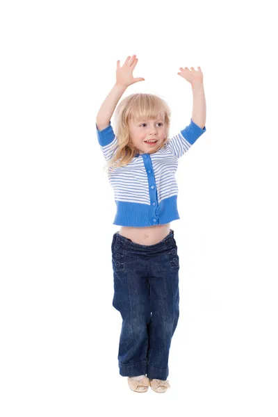 Bambina saltare con le mani in alto — Foto Stock