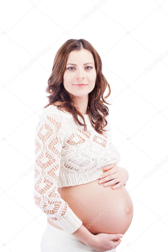 Pregnant happy woman hold her belly with hands