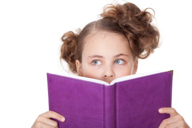 Curious girl peeping behind the book clipart