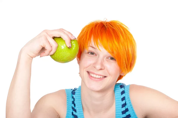Smiling red hair woman with apple — Stock Photo, Image