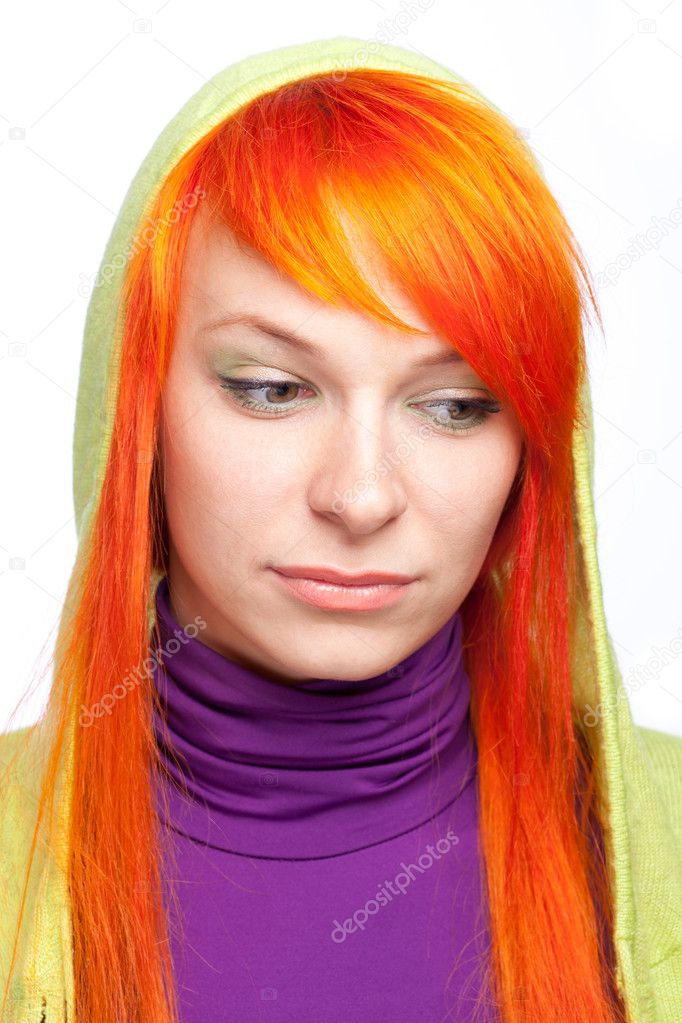 Upsed young red hair woman