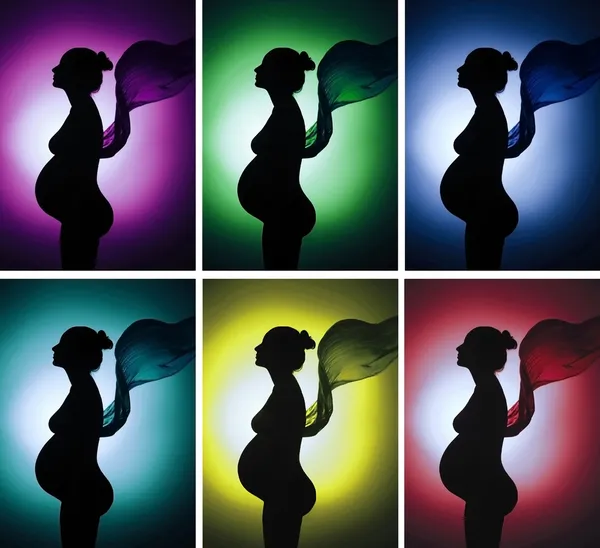 Kolaż sylwetki ciąży kobieta marzy, w kolorze — Zdjęcie stockowe