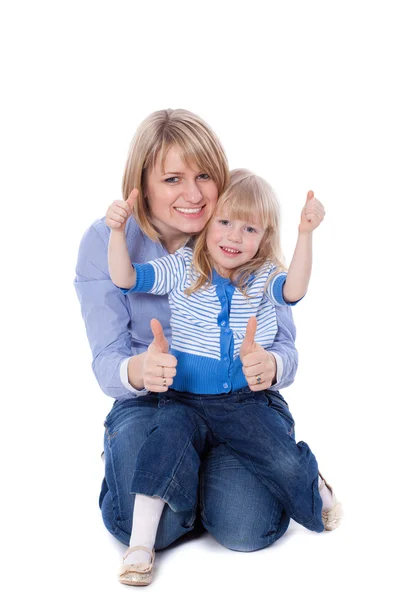 Happy child with mom show ok sign — Stock Photo, Image